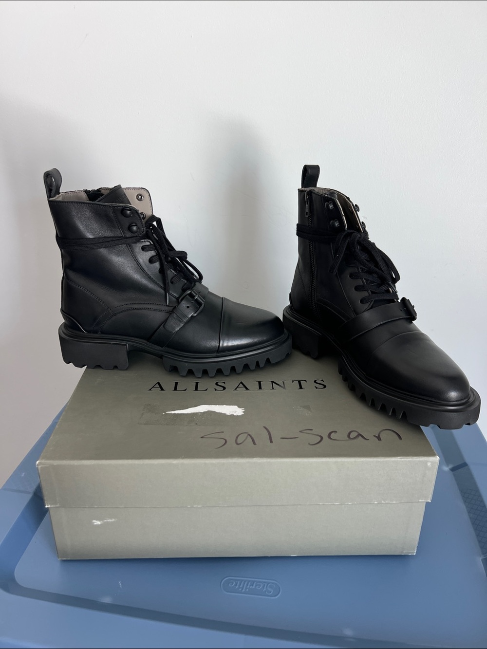 All Saints tori black leather lace up combat boot with buckle lug sole 39